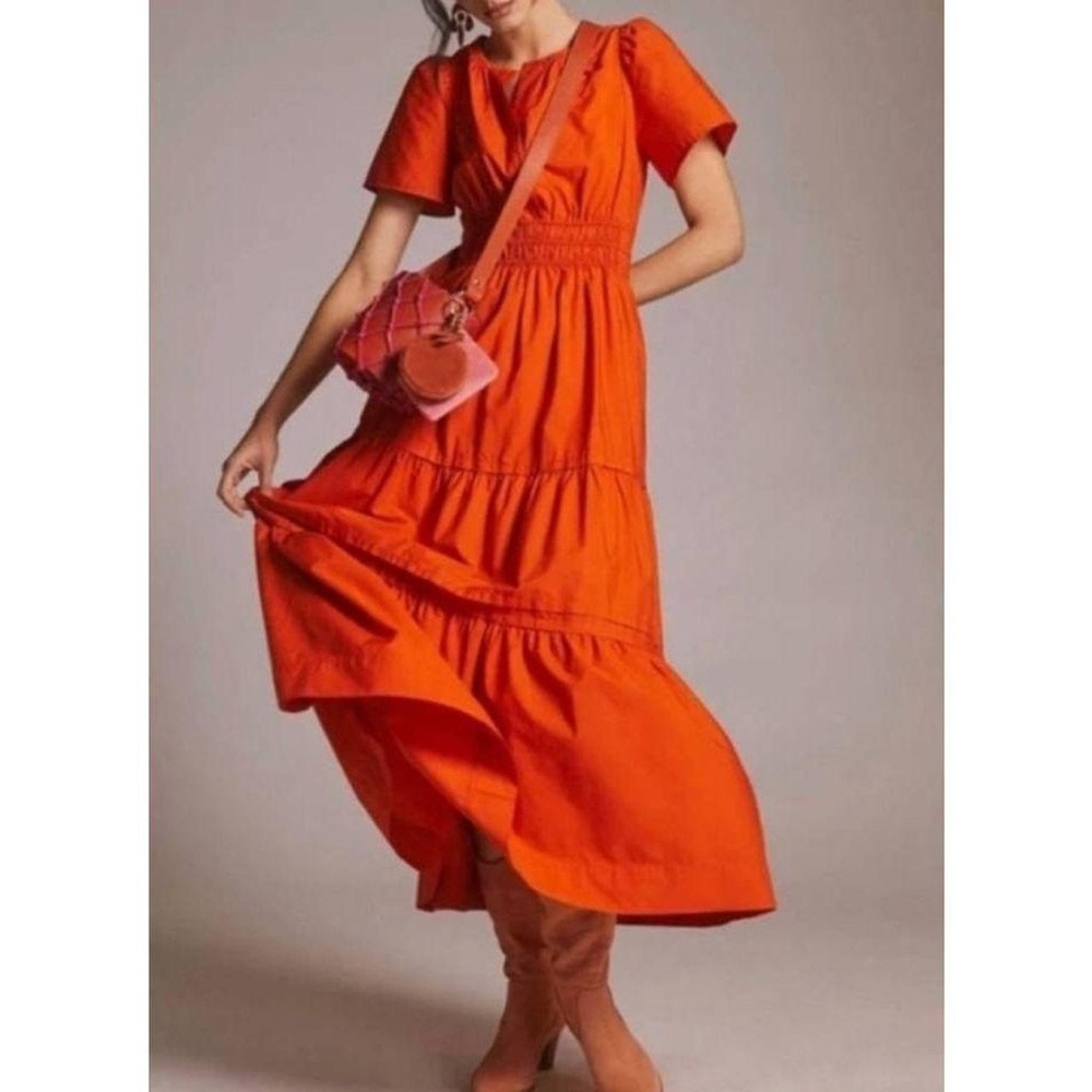 NWOT Quince Vermilion Red 100% Organic Cotton Poplin Tiered Maxi Dress Large